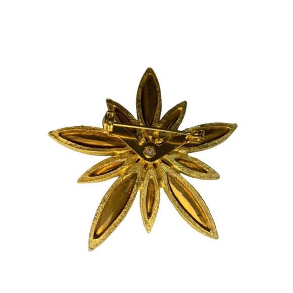 Vintage Goldtone Star Flower Brooch Amber Glass 2" Diameter Pin Retro - Picture 5 of 7